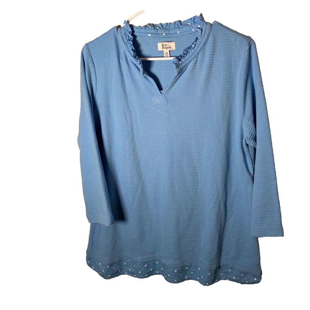 Kim Rogers Shirt Women's Petite Medium Blue Faux Layered V-Neck Ruffle Top